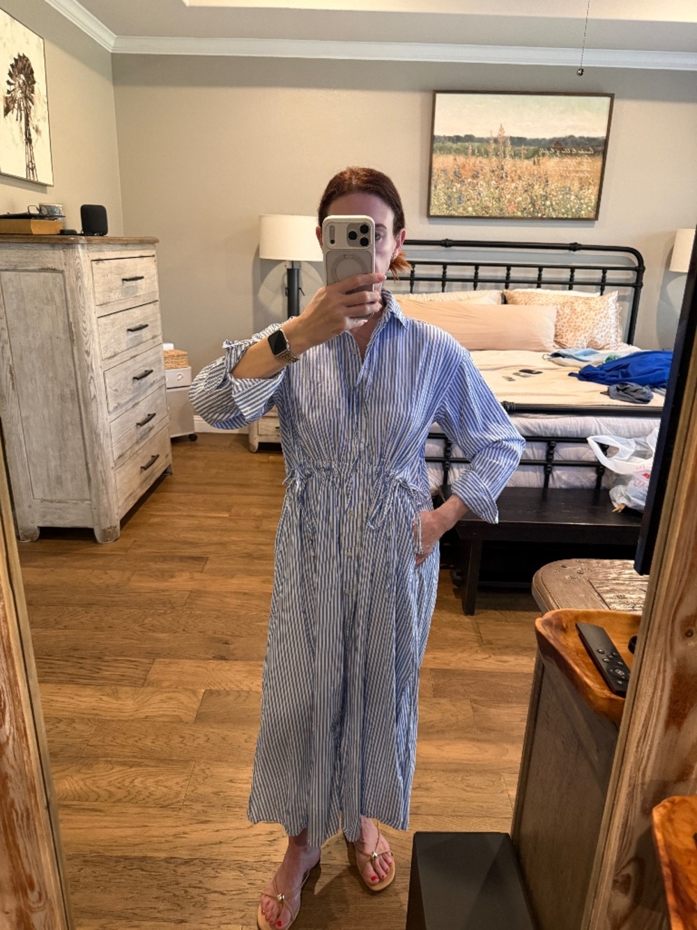 Universal Thread XS Blue White Striped Cotton Maxi Shirt Dress Coastal